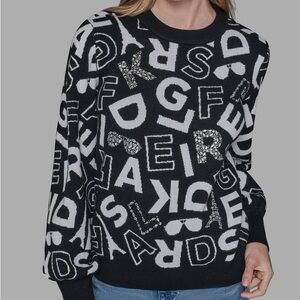 Karl Lagerfeld Paris Black Logo Graphic Sweater Crystal Detail XL NWOT